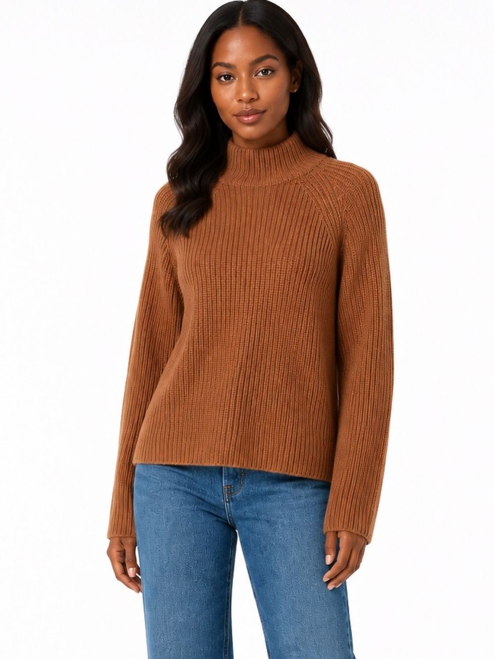 360 Cashmere 100% Cashmere Ribbed Mock Neck Sweater Camel Brown Size Small